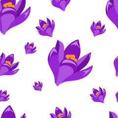 Beautiful seamless pattern with hand drawn decorative crocus flowers. Flowers of different sizes. Vector illustration