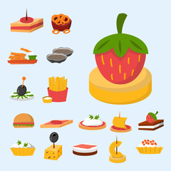 Various meat fish cheese banquet snacks on banquet platter canape snacks appetizer delicious vector.