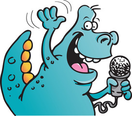 Cartoon illustration of a dinosaur holding a microphone.