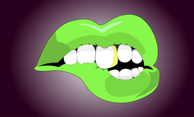 spooky Halloween fangs lips green mouth cartoon. devil biting his lip with his teeth.