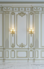 White wall panels in classical style with gilding. 3d rendering