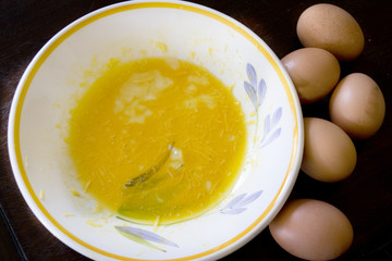 preparing a frittata with beaten eggs and pan