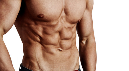 Close-up of muscular male torso isolated on white background. Concept of cross fit workout and...