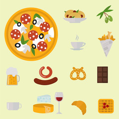 European tasty food cuisine dinner food showing delicious elements flat vector illustration.