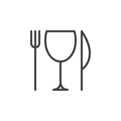 Restaurant, Knife, fork and glass line icon, outline vector sign, linear style pictogram isolated on white. Menu symbol, logo illustration. Editable stroke. Pixel perfect