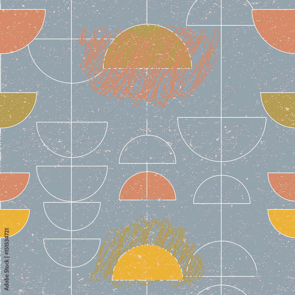 Poster Seamless abstract geometric vector pattern with semi circles in soft retro style colors on gray worn out texture background.