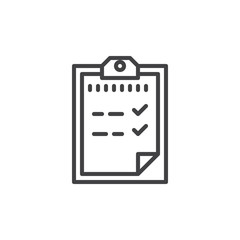 Clipboard outline icon, line vector sign, linear style pictogram isolated on white. Passed test symbol, logo illustration. Editable stroke. Pixel perfect