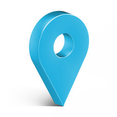 Blue glossy map pin with shadow. concept of tagging, center, landmark badge, tip, trip, needle, route build, locate. Isolated on white background