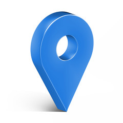Blue glossy map pin with shadow. concept of tagging, center, landmark badge, tip, trip, needle, route build, locate. Isolated on white background