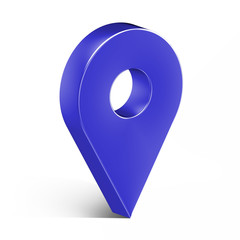 Blue glossy map pin with shadow. concept of tagging, center, landmark badge, tip, trip, needle, route build, locate. Isolated on white background