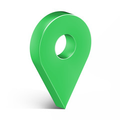 Green glossy map pin with shadow. concept of tagging, center, landmark badge, tip, trip, needle, route build, locate. Isolated on white background