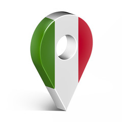 Italy glossy map pin with shadow. concept of tagging, center, landmark badge, tip, trip, needle, route build, locate. Isolated on white background
