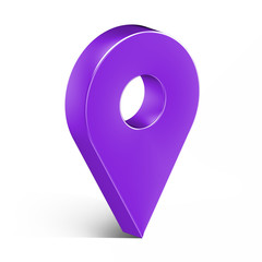 Purple glossy map pin with shadow. concept of tagging, center, landmark badge, tip, trip, needle, route build, locate. Isolated on white background