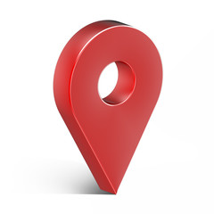 Red glossy map pin with shadow. concept of tagging, center, landmark badge, tip, trip, needle, route build, locate. Isolated on white background