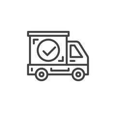 Shipping truck with check mark line icon, outline vector sign, linear style pictogram isolated on white. Symbol, logo illustration. Editable stroke. Pixel perfect