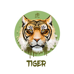 Tiger horoscope character isolated on white background. Symbol Of New Year 2022. Chinese calendar animal in circle with hieroglyphic sign, digital art realistic illustration, greeting card design