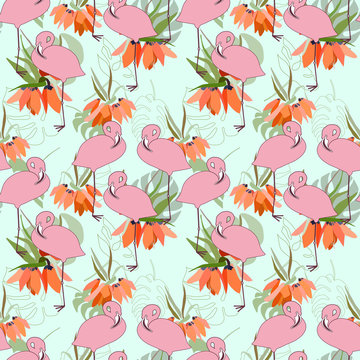 Floral vector seamless pattern with lilies - Kaiser's crown flowers , tropical palm leaves and flamingo birds