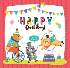 Birthday card with circus cartoon animals