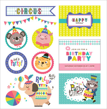Set of birthday card and design elements with circus theme