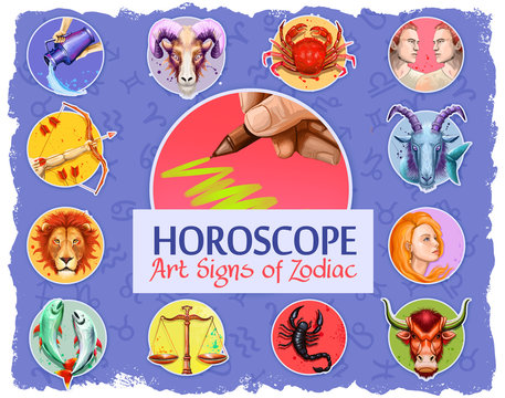 Set of horoscope art signs of zodiac isolated. Fire: Aries, Leo and Sagittarius. Earth: Taurus, Virgo and Capricorn. Water Signs: Cancer, Scorpio and Pisces. Air Signs: Gemini, Libra and Aquarius.
