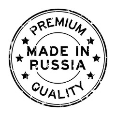 Grunge black premium quality made in Russia round rubber seal stamp on white background
