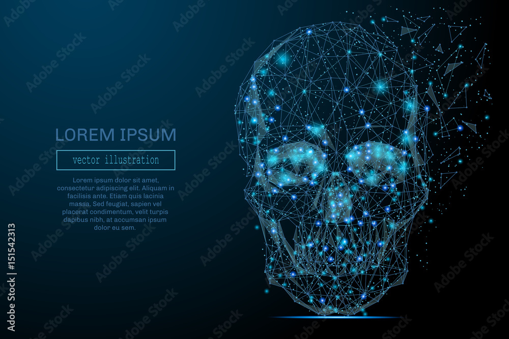 Poster Abstract image of a space skull in the form of a starry sky or space, consisting of points, lines, and shapes in the form of planets, stars and the universe. Skull vector wireframe concept.