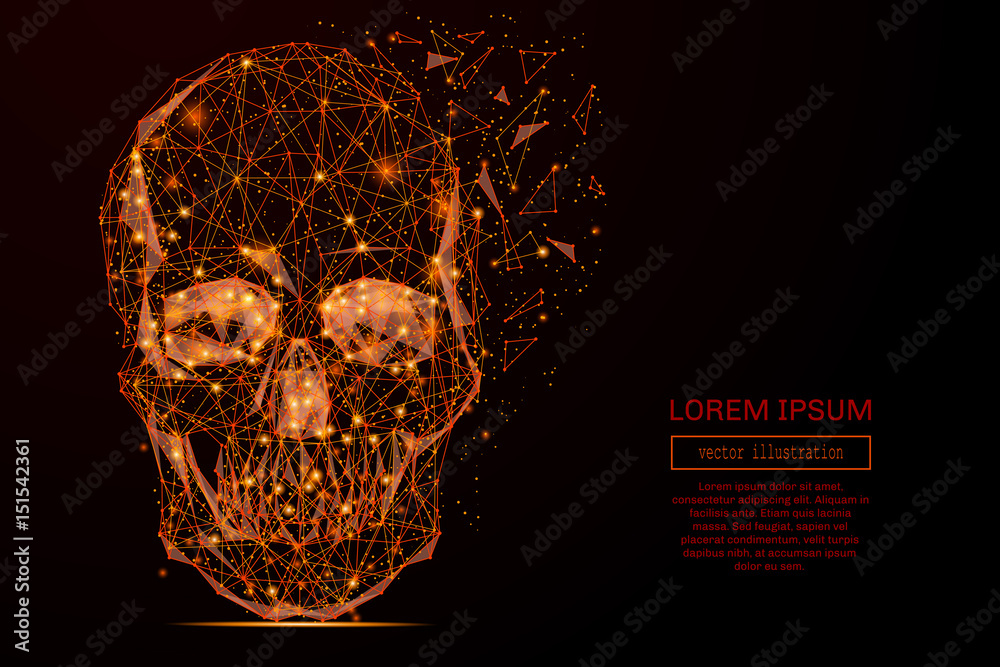 Poster Abstract mash line and point skull in flames style on dark background with an inscription. Vector concept of data protection. Starry sky or space, consisting of stars and the universe.