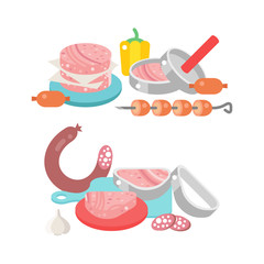 Meat products ingredient and rustic elements preparation equipment food flat vector illustration.