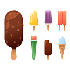Set ice cartoon colorful cream dessert vector illustration chocolate food sweet cold isolated icon snack cone tasty fruit frozen candy collection