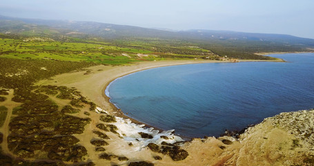  The beautiful landscape from above. The green hills of the island of Cyprus and the Mediterranean Sea