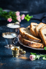 Tasty homemade traditional Orange cake and vintage crockery