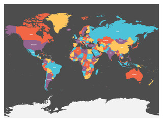 Political map of world with Antarctica. Countries in four different colors without borders on dark grey background. White labels with states and significant dependent territories names. High detail