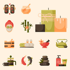 Vector illustrations of beautiful woman spa treatment, beauty procedures wellness icons.