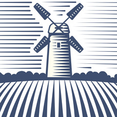 Retro landscape windmill vector illustration farm house agriculture graphic antique drawing.