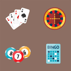 Casino game poker gambler symbols blackjack cards money winning roulette joker vector illustration.