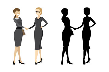 Business woman handshake with silhouette isolated on white background