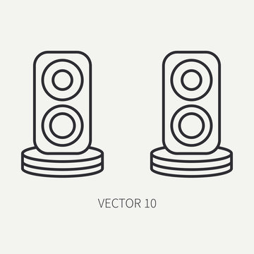 Line flat vector computer part icon audio speakers. Cartoon style. Digital gaming and business office pc desktop device. Innovation gadget. Sound. Illustration and element for your design, wallpaper.
