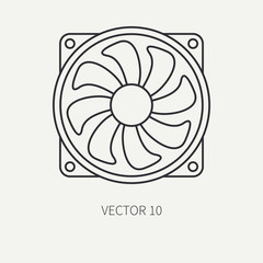 Line flat vector computer part icon cooling fan. Cartoon style. Digital gaming and business office pc desktop device. Innovation gadget. Hardware. Illustration and element for your design, wallpaper.