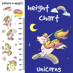 Kids height chart.Hand drawn unicorns