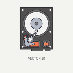 Line flat color vector computer part icon data storage hdd. Cartoon. Digital gaming and business office pc desktop device. Innovation gadget. Plate. Illustration and element for your design, wallpaper