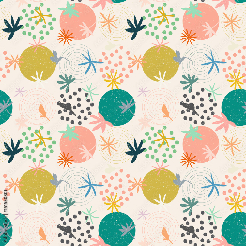 Poster abstract seamless pattern with circles, dots and stylized flowers and leaves in pastel colors.soft p