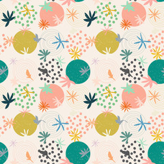 Abstract seamless pattern with circles, dots and stylized flowers and leaves in pastel colors.Soft pastel colors on beige background with worn out texture.