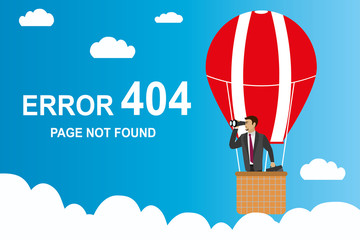 error 404 page and Businessman with binoculars in a hot air balloon