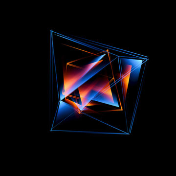3d abstract background with geometric. Concept new technology and dynamic motion. Digital data visualization. Diamond prism. Polygonal crystals. Bright figure in starry cosmos. Glowing triangles © rybindmitriy