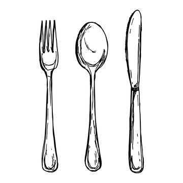 Dining cutlery spoon knife and fork linear sketch Vector Image