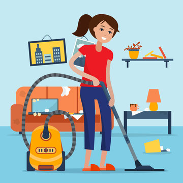 Woman cleaning room with vacuum cleaner.