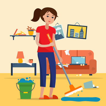 Woman Cleaning Dirty Room With A Mop