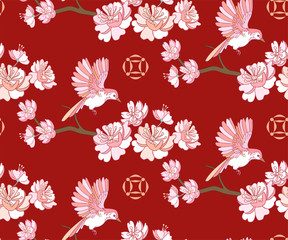 Japanese seamless pattern with flying bird and blossom flowers on red background.