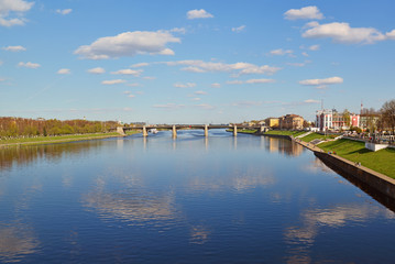 Fototapeta na wymiar View of Volga River along quay of Mikhail Yaroslavich in Tver, Russia.