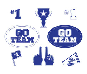 Set of sports fan icons in blue on a white background. Signs and symbols in vector format. Go Team logo text. - 151555736